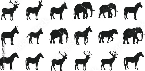 Safari animal silhouette collection, elephant deer horse donkey vector icons, wild wildlife nature set, zoo mammal design elements, outdoor animal.