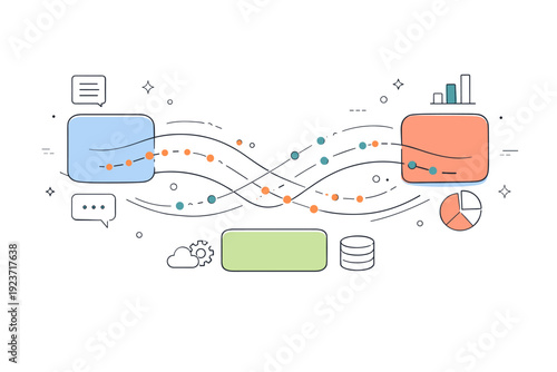 Data flow abstraction. Smooth curved lines and dots moving between abstract blocks, representing information exchange. Calm rhythm and