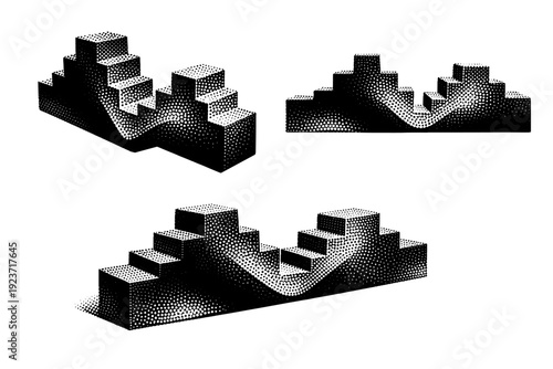 Halftone Wave Geometry. Halftone wave form stepped wave geometry, a single solid form translating wave motion into angular stepped segments shown from three