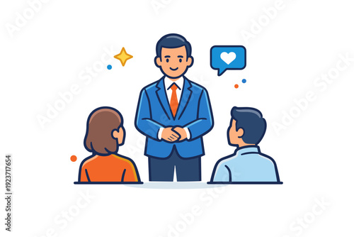 Body language in leadership portrayed through a composed stance facing others, emphasizing approachability, respect, and emotional intelligence in professional
