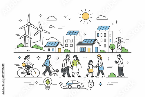 Renewable energy solutions. A simplified city powered by solar panels on rooftops and nearby wind turbines, people moving calmly below. The illustration