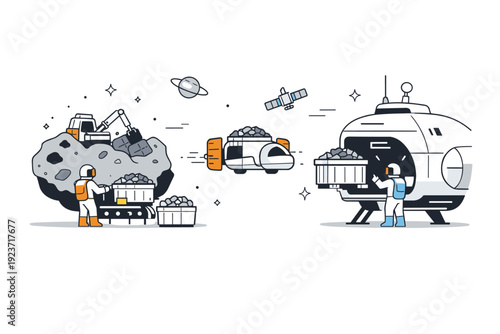 Future space economy. A simplified scene of mined materials being transported from an asteroid to a spacecraft. The mood feels optimistic,