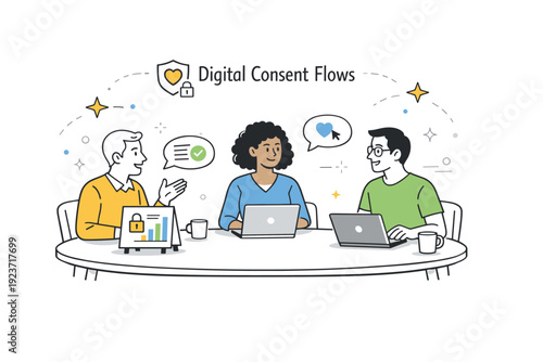 Data ethics discussion. A small team discusses digital consent flows around a table with laptops and charts, abstract floating stars and dots emphasizing