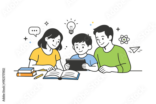 Family learning together. Parents and a child sitting at a table with books and a tablet, sharing a calm study moment. The scene shows support, curiosity, and
