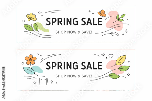 Spring sale holiday banners. Abstract spring shapes, leaves, and gentle motion lines surrounding a bold headline area. Light celebratory atmosphere designed