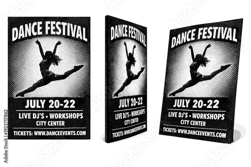 Dance festival poster panel shown as a single large-format poster layout object presented in three views: front view, side view,