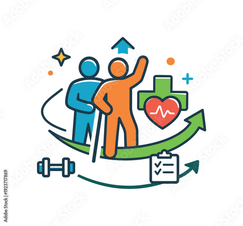 Rehabilitation therapy minimal healthcare badge with patient figure, motion indicators and medical symbols, capturing recovery journey,