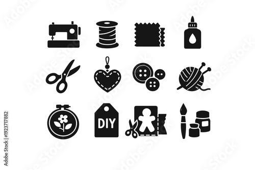 Homemade Crafts. Solid icon set of Homemade Crafts: sewing machine, thread spool, fabric piece, glue bottle, craft scissors, handmade ornament, button set,