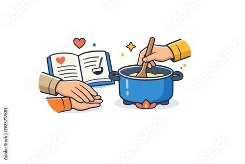 Family Cooking Tradition. Family cooking tradition reflected in a simple scene of hands stirring a pot using an old recipe notebook, conveying togetherness,