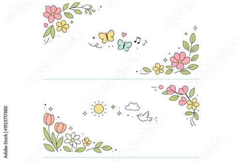 Spring greeting card backgrounds. Soft flowers and fresh leaves arranged in a light airy composition, gentle seasonal mood expressing renewal and warmth.