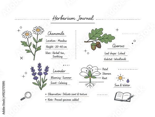 Herbarium journal page. Botanical elements combined with handwritten-style notes and simple diagrams. Calm creative documentation, soft