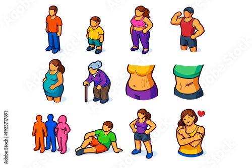 Body Diversity. Colorful isometric vector icons set of Body Diversity: tall body, short body, curvy body, muscular body, pregnant body, aging body, stretch