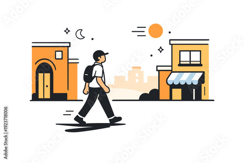 Evening city walks in warm light. Person walking alongside buildings casting long shadows, warm highlights on walls and pavement. Visual rhythm of steps and