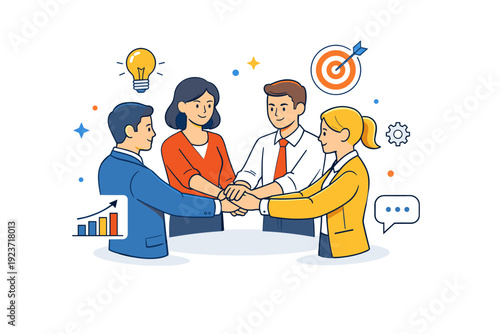 Business teamwork team members standing in a circle with connected hands and subtle business icons, conveying unity, support, and effective collaboration.