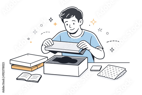 Product unboxing with people. Person opening a box carefully on a table, calm curiosity and first impression moment. Packaging layers, product silhouette, and