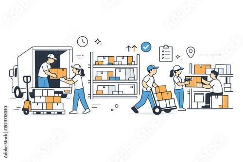 Efficient Warehouse Operations. Warehouse daily operations. Staff unloading goods and organizing packages in a bright, uncluttered warehouse environment.