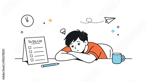 Unproductive time visuals. A quiet moment with a person slouched at a desk, unfocused, with an untouched to-do list beside them. The scene