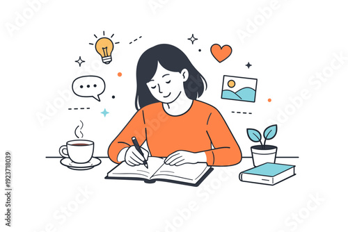 Journaling and reflection. Person writing calmly in a notebook at a desk, pen moving slowly with small thought icons floating nearby. Quiet