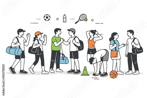 After-work spring sports meetup. People arriving with sports bags and greeting each other, anticipation and light exercise routine, casual community bonding.