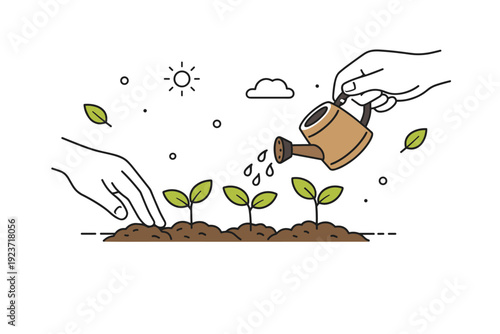 Gentle Seedling Care. Seedling care. Close-up of hands watering young sprouts in a small garden bed, gentle routine and quiet growth. Peaceful visual mood with