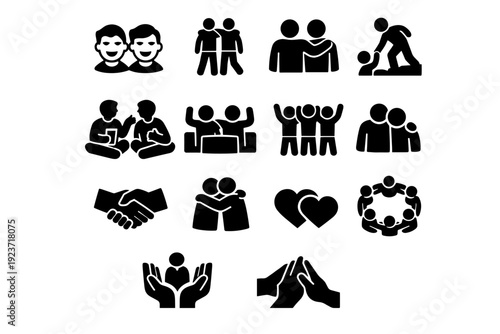 Friendship moments. Solid icon set of Friendship moments: friends smiling, walking together, shoulder pat, helping hand, shared experience,