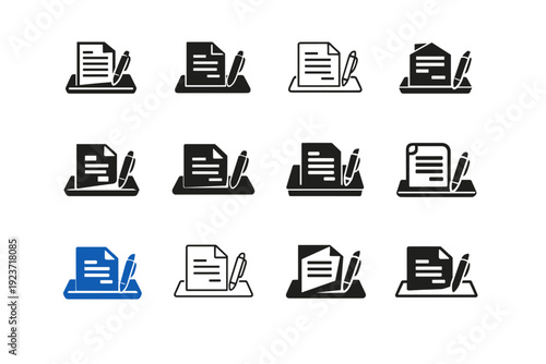 Bank Statement Icons. Bank statement on desk. Icon set. Set Logo of Bank statement on desk: financial document and pen. harmonious logo variations of the same