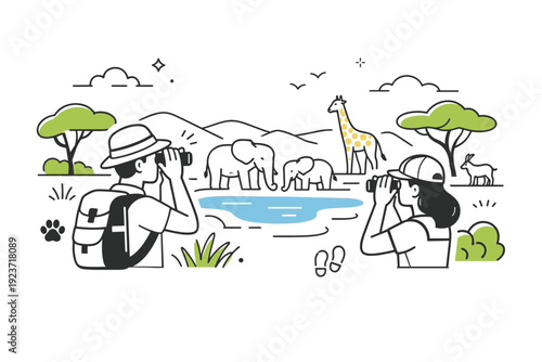 Hidden wildlife reserve safari. Travelers watching wildlife through binoculars among trees and hills, quiet observation and