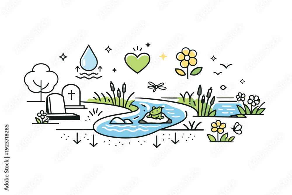 Naklejka premium Rainwater-integrated memorial landscape. A cemetery space designed with bioswales and native wetlands, abstract floating icons and stars showing ecological