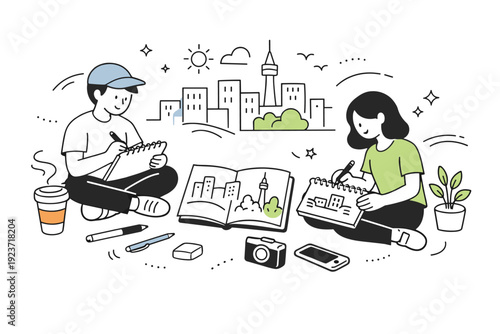 Urban drawing session. Sketchbooks, pens, and nearby objects suggest relaxed creativity while observing the city environment. Light, airy