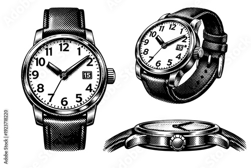 Wristwatch object, A classic analog wristwatch depicted as a single object set shown in three views including front dial view, angled