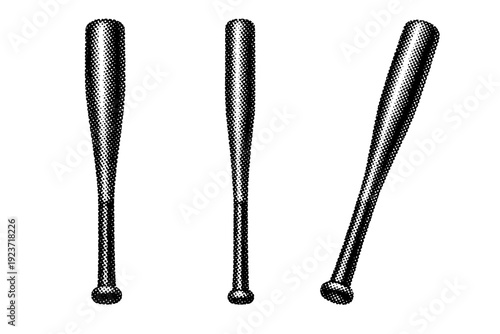 Halftone dot sports graphic baseball bat A baseball bat is shown as one object from three different views: front view, side view, and three-quarter view,