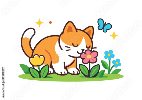 Cute cartoon cat smelling a pink flower in a meadow with a butterfly nearby
