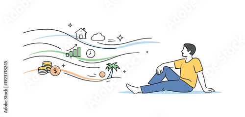 Man dreaming about financial success, home ownership, and tropical vacation