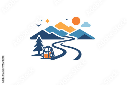 Mountain Trekking Adventure. Mountain and trekking travel shown through a winding trail leading toward layered mountain silhouettes, expressing exploration,