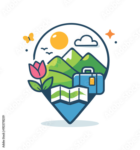 Travel destination concept with suitcase, map, mountains, and flower