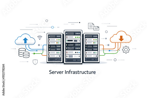Server infrastructure overview. Clean editorial scene showing server racks connected with cables and cloud symbols. Calm reliability, structured system layout,