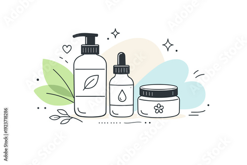 Natural skincare mockup scene. Bottles and jars surrounded by simple organic shapes suggesting softness and care. Fresh, trustworthy mood for modern cosmetic