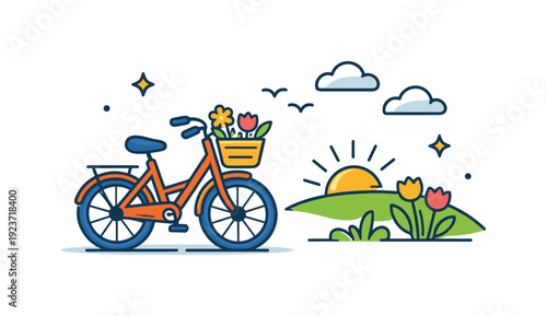 Orange bicycle with flowers in basket parked in a sunny spring landscape
