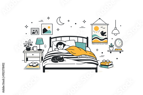 Customized bedroom atmosphere. A peaceful editorial scene of a bedroom with personal textiles, wall art, and soft lighting accents. The