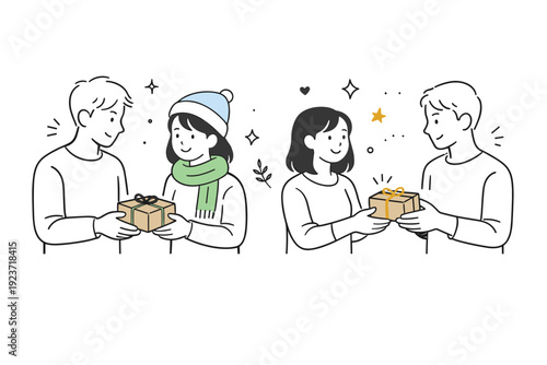 Celebrations and seasonal rituals. Friends exchanging small gifts wrapped in simple paper, smiling softly. Modest celebration focused on connection rather than