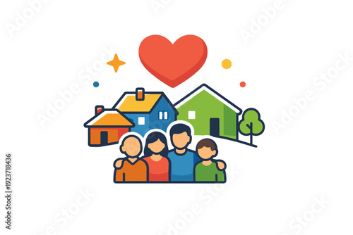 Sense of belonging in local communities warm visual of connected homes and people under a shared heart or star, expressing safety, identity