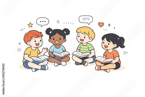 Children's Reading Circle. Reading together happily. A small group of children sitting in a circle, books open on their laps, smiling and chatting about the