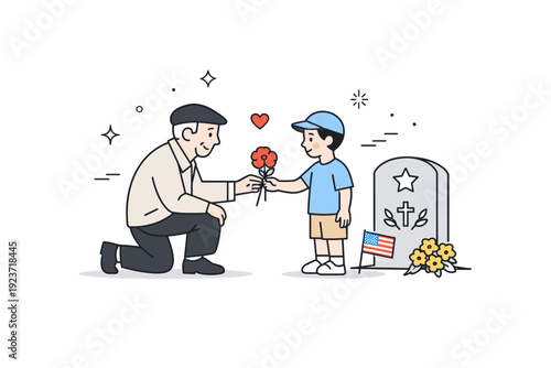 Memorial Days. Elderly person passing a flower to a child near a quiet memorial, symbolizing memory across generations. Soft emotional tone, simple