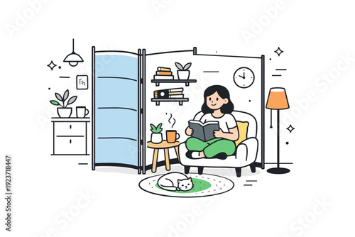 Small space living. A room divider screen creating a cozy corner in an open-plan room. Friendly scene about smart use of limited space.