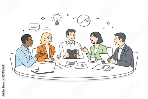Modern Business Collaboration. Entrepreneurs meeting with clients in a conference room. People sitting around a table exchanging ideas and documents, calm