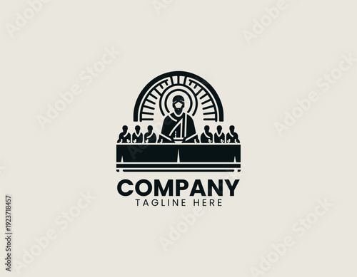 Spiritual dinner gathering scene with central figure and followers in clean modern vector illustration style