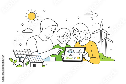 Home green energy. A family monitoring solar panels and wind turbines via a tablet, subtle sun and wind icons floating, calm and modern eco-friendly lifestyle.