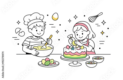 Children happily decorating a festive cake and Easter eggs with baking supplies