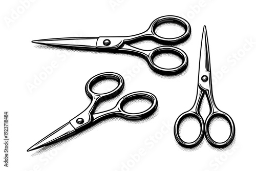 Classic scissors, A sewing scissors object rendered as a single set in three views emphasizing compact size, sharp blade tips, and