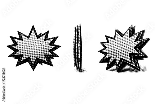 Pop art layered starburst burst shape shown as a single object presented in three views: front view, side view, and three-quarter view. Black